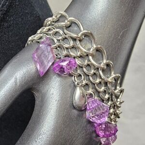 Multi-Strand Charm Bracelet Women OS Silver Purple Y2K Beaded Layered